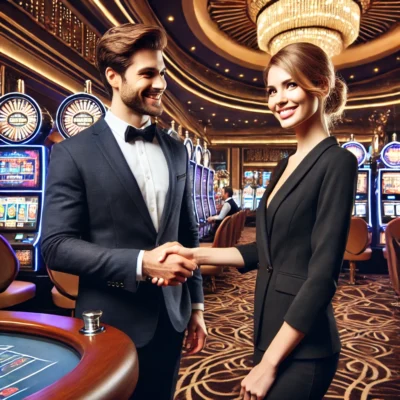 alt= "Casino host greeting a guest"