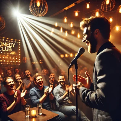 alt= "Comedian on stage at one of the best comedy clubs in Las Vegas"