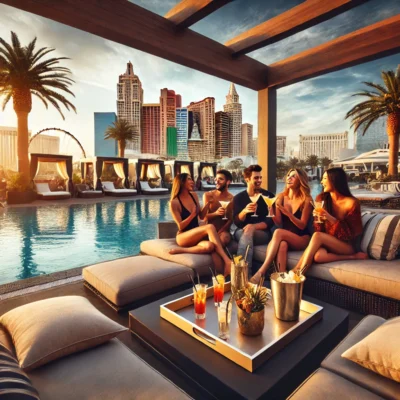 alt= "Poolside cabana, cocktails and friends at a Las Vegas Pool Party"