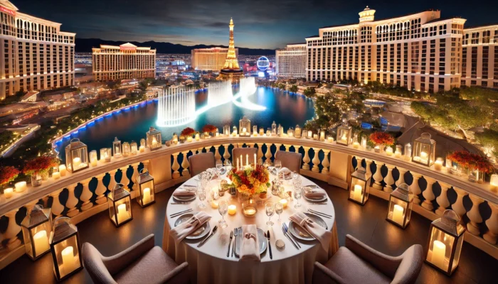 alt= "Romantic dinner at a rooftop restaurant in Las Vegas"