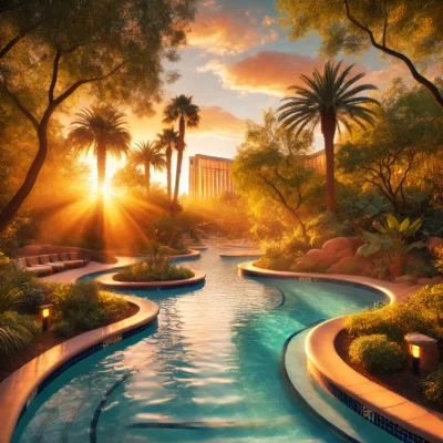 alt= "Sunset over a lazy river"