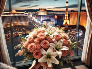 An elegant bouquet of flowers including roses and lilies being handed to a guest at a luxury hotel suite in Las Vegas - Best Flower Delivery Services in Las Vegas