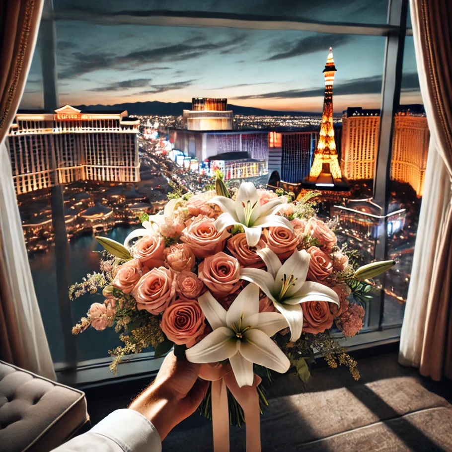 An elegant bouquet of flowers including roses and lilies being handed to a guest at a luxury hotel suite in Las Vegas - Best Flower Delivery Services in Las Vegas
