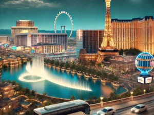 alt= "Iconic landmarks on the Las Vegas Strip"