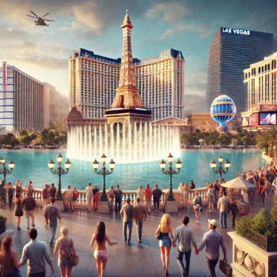 alt= "Tourists exploring the Strip on foot"