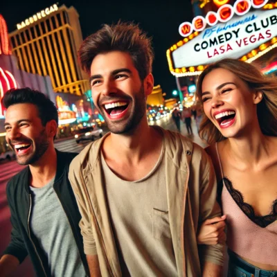 alt= "Happy friends at a comedy club in Las Vegas"