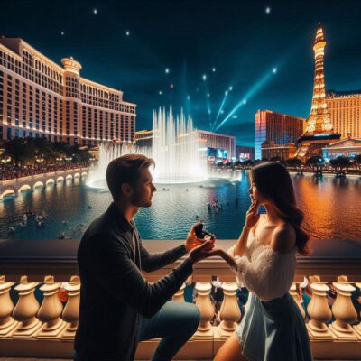 alt= "A proposal at the Bellagio Fountains, Las Vegas"