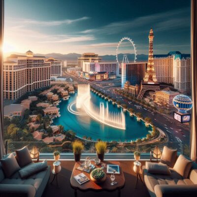 alt= "A view over iconic Las Vegas attractions"
